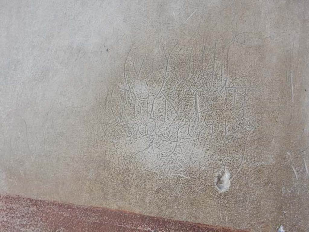VI.15.1 Pompeii. May 2017. Graffiti on left hand wall of vestibule. Photo courtesy of Buzz Ferebee.
According to Varone, this reads -

Eutychis 
Graeca a(ssibus) II 
moribus bellis       [CIL IV 4592]

He translates it as Eutychis, Greek, nice mannered, for two asses.

He proposes that she was a slave girl, born in the household, perhaps of Greek parents, and that her workplace was the cella meretricia in the servants’ quarters near the kitchen.
See Varone, A., 2002. Erotica Pompeiana: Love Inscriptions on the Walls of Pompeii, Rome: L’Erma di Bretschneider. p. 143.

