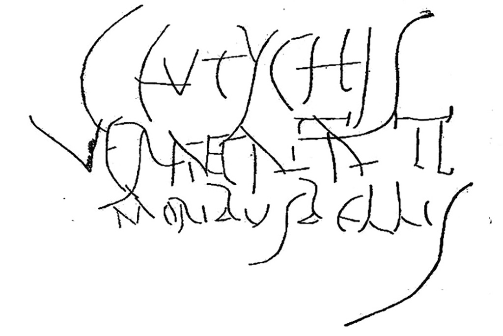 VI.15.1 Pompeii. Graffiti on left hand wall of vestibule, as recorded in CIL IV 4592.
CIL describes it as “in vestibuli pariete sinistro, in tectorio albo, longa 0,13”.
In the vestibule on the left wall, on white plaster, length 0,13.
See Corpus Inscriptionum Latinarum Vol. IV, Supp 2, Part 2, 1909. Berlin: Reimer, p. 542. 

