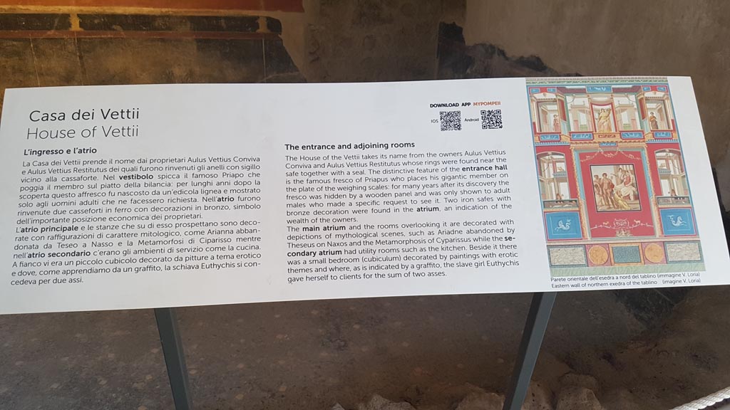 VI.15.1 Pompeii. August 2023. Description card for entrance and adjoining rooms. Photo courtesy of Maribel Velasco.