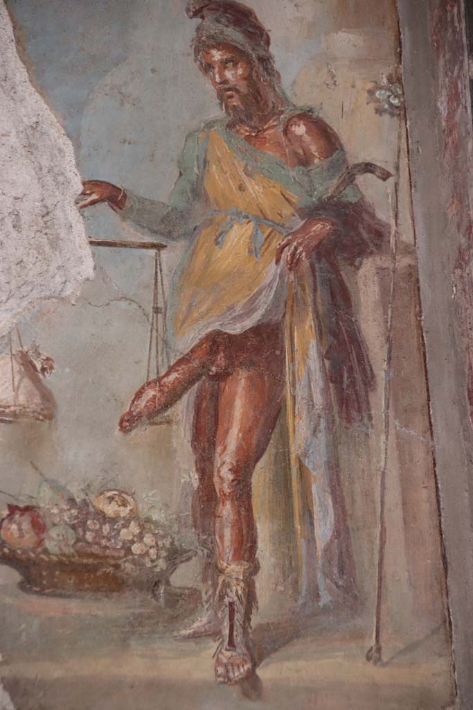 VI.15.1 Pompeii. October 2020. Painting of a bearded Priapus in vestibule. Photo courtesy of Klaus Heese.