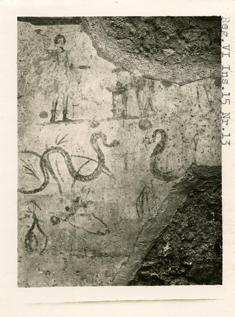 VI.15.11 Pompeii but shown on photo as VI.15.13. Pre-1937-39. East wall with lararium painting.
Photo courtesy of American Academy in Rome, Photographic Archive. Warsher collection no. 955
