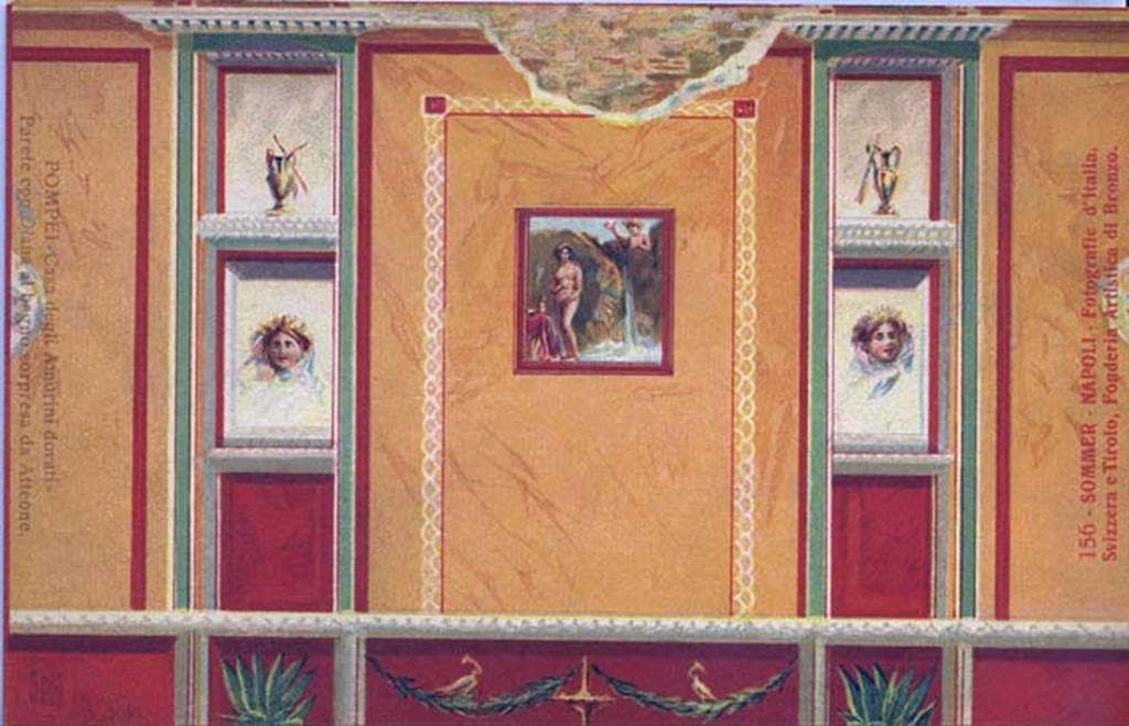 VI.16.7 Pompeii. Early 20th century postcard by Sommer no. 156. Painting of south wall of room R. Photo courtesy of Rick Bauer.
