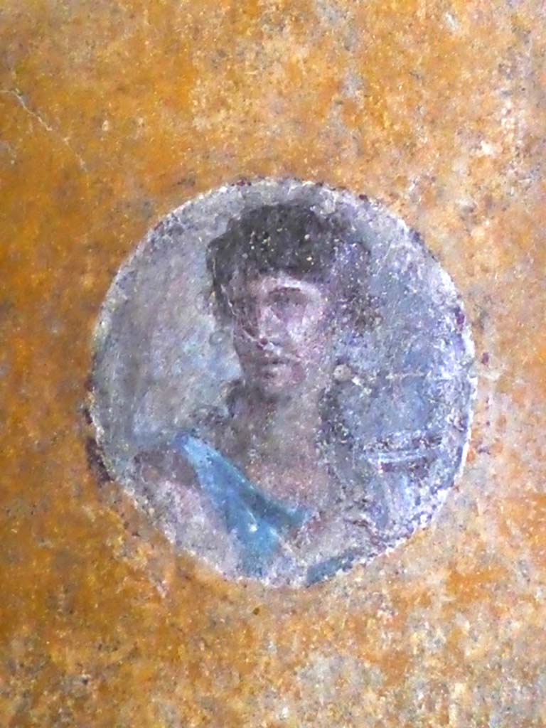 VI.16.7 Pompeii. September 2015. Room R, painted medallion from south end of the west wall.
Foto Annette Haug, ERC Grant 681269 DCOR.
