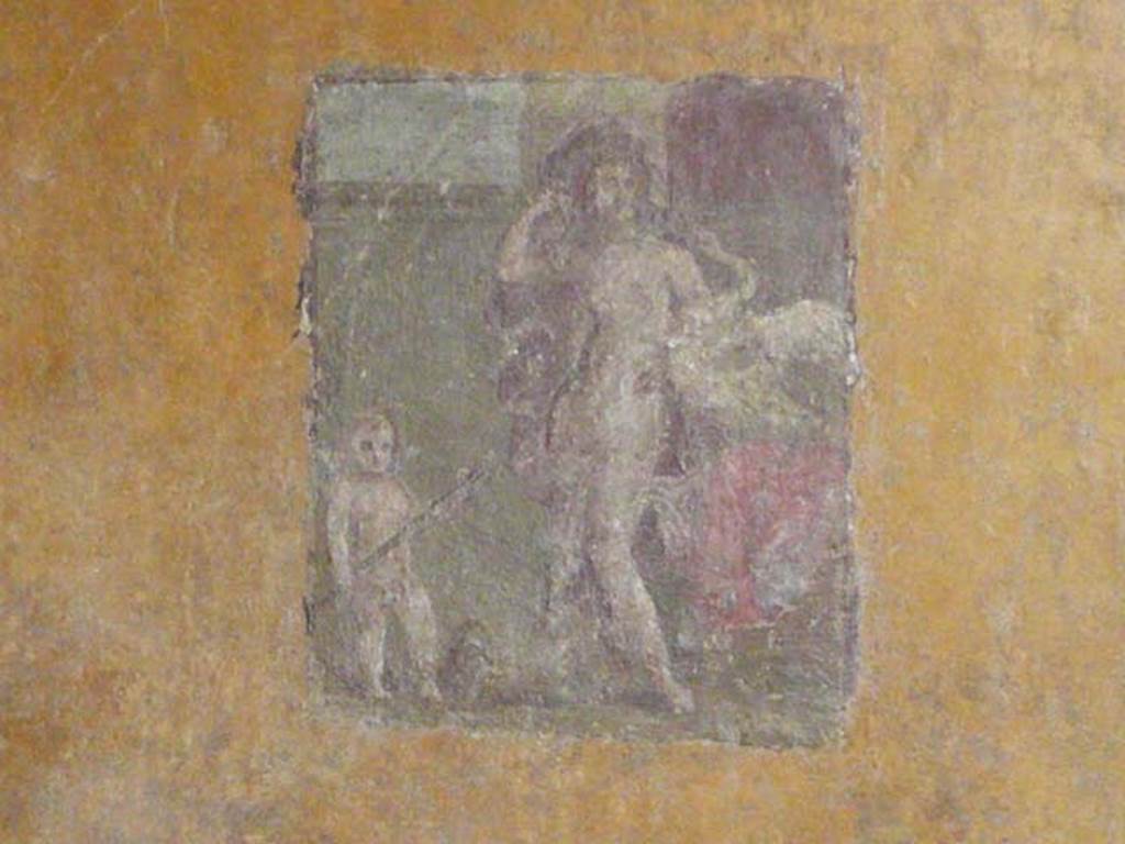 VI.16.7 Pompeii. June 2013. 
Room R, central wall painting of Leda and the swan on the west wall, after restoration.
Photo courtesy of Buzz Ferebee.
