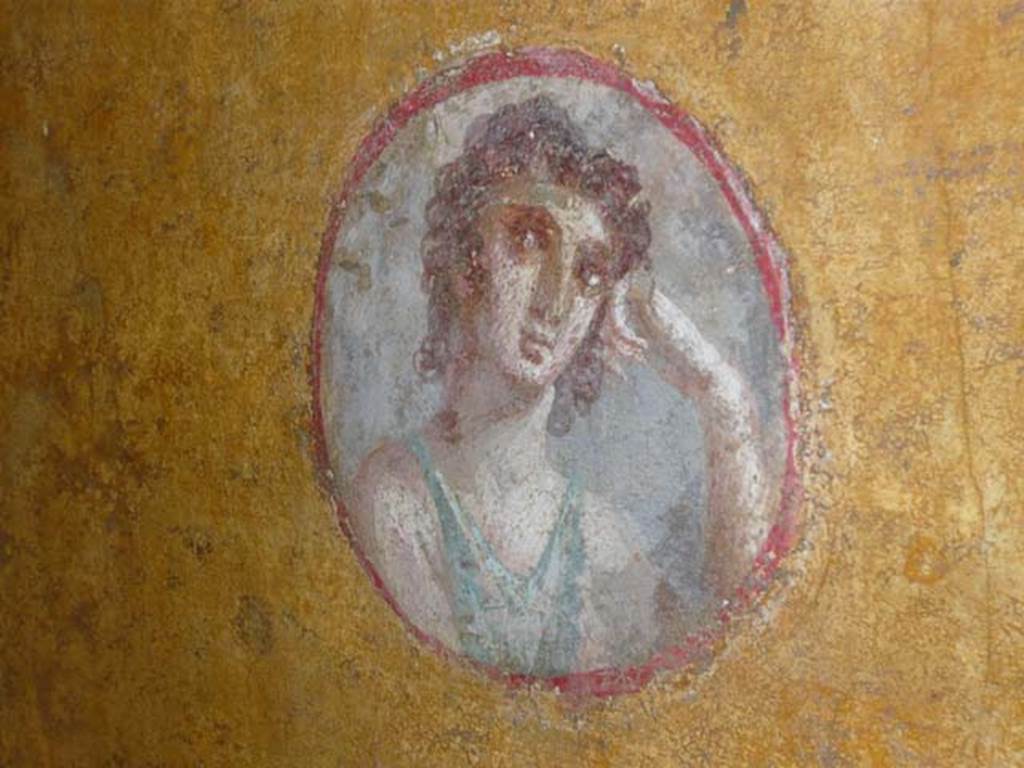 VI.16.7 Pompeii. June 2013. 
Room R, painted medallion on north end of east wall, after restoration.
Photo courtesy of Buzz Ferebee.
