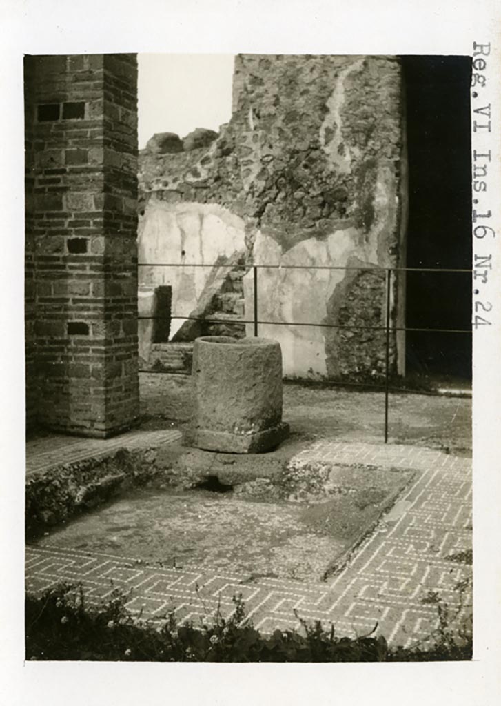 VI.16.27/26 Pompeii, but shown on photo as VI.16.24. Pre-1937-39. 
Looking north across impluvium in atrium. (See also VI.16.26 for more photos).
Photo courtesy of American Academy in Rome, Photographic Archive. Warsher collection no. 1441.
