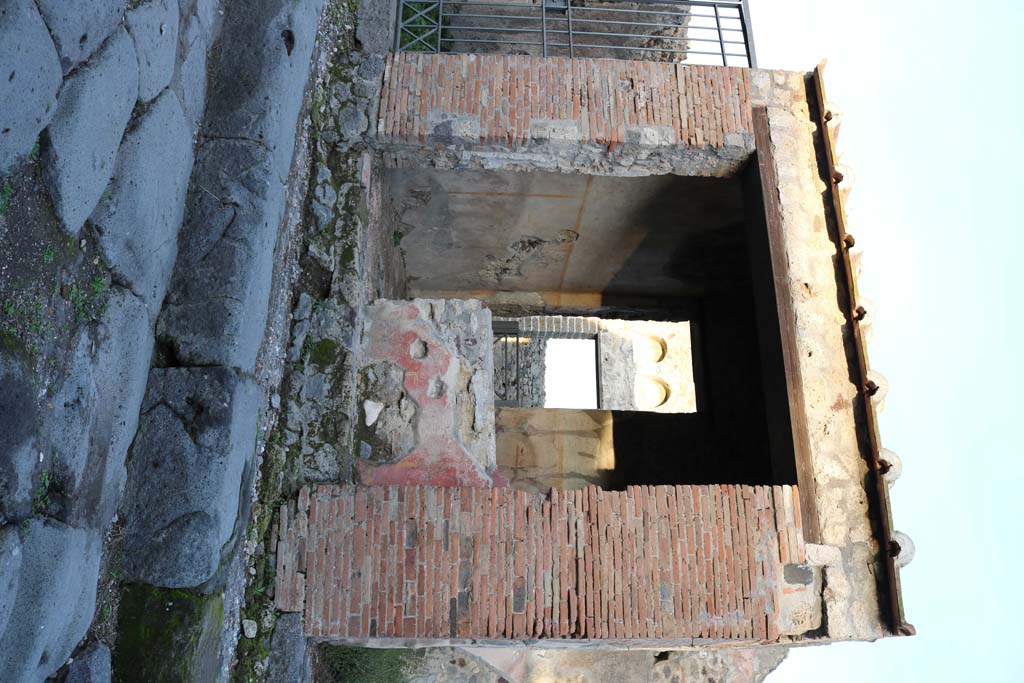 VI.16.33 Pompeii. December 2007. South wall, with display shelving and remains of painted plaster.