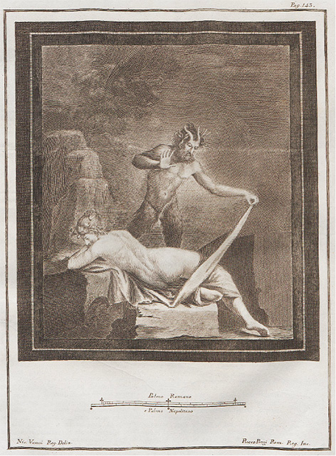 VI.17.31 or 36 Pompeii? Found on 12 July 1760 below the Irace property. Painting of the three graces.
See Antichità di Ercolano: Tomo Terzo, 1762, p. 57-61, pl. 11. (28th July 1760)
PAH 1, 1, 113 said -
6. de 25 on. por 22 on. - representa tres mugeres desnudas, la del medio tiene abrazadas las otras dos, y las de los lados tienen abrazado la del medio, y con la otra mano una palma, y es en campo azul claro, y todo es en campo rojo. 
approx. 0.55 x 0.48m - represents three nude women, the central woman has embraced the other two, and the two at the sides have embraced the woman in the middle, and with their other hand hold a palm, and it is in light blue, and set in a red field.
