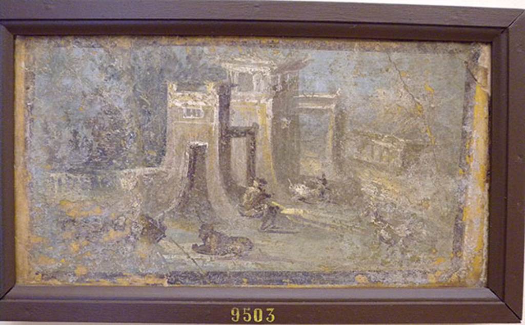 Irace property, Pompeii. Pre-1779.
Part of a painting described above, as a Satyr inside a doorway with landscape above.
See Antichità di Ercolano: Tomo Setto: Le Pitture 5, 1779, (Tav. LXXII, p. 323) 
