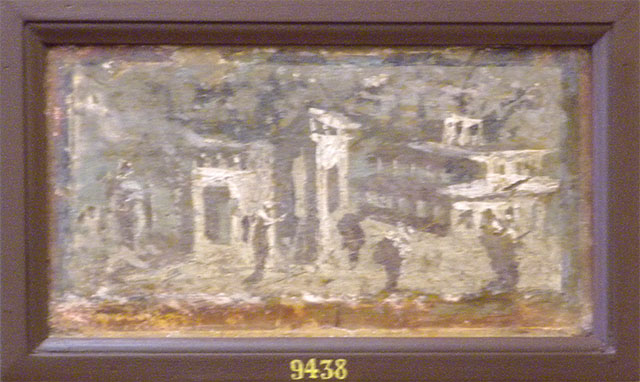 Irace property, Pompeii. Pre-1779. Painting of another flying/floating figure.
According to AdE, described as – 
In the other companion painting crowned only with laurel, wearing a tunic mainly of yellow but with the inside at the neck in a purple/blue colour, and with green shoes: it might show the Muse Polyhymnia
See Antichità di Ercolano: Tomo Setto: Le Pitture 5, 1779, (Tav. XX, p. 93).
