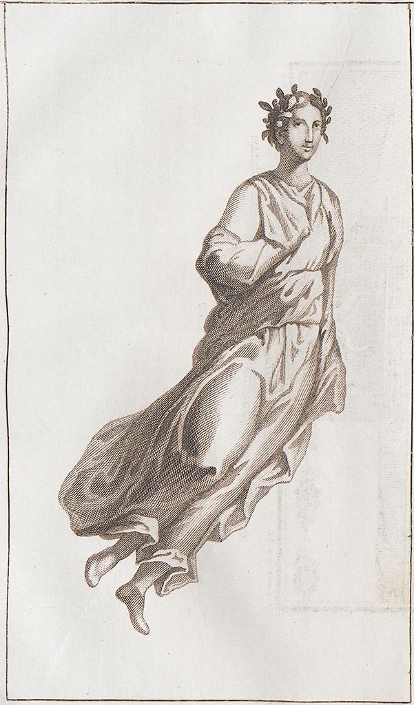 Podere di Irace. Pre-1779. Painting of another flying/floating figure.
According to AdE, described as – 
A winged woman, which can be seen in this painting with a yellow background, with blonde loose hair; the pink wings fading to white; the tunic of iridescent colour between light red and green; and the cloth which made an arch on the head was a peacock blue colour.
See Antichità di Ercolano: Tomo Setto: Le Pitture 5, 1779, (15, p.71).
