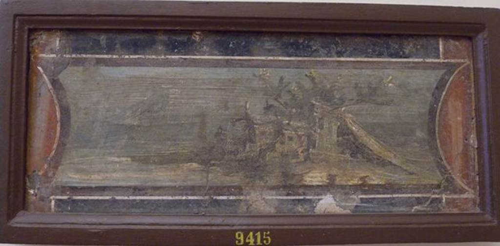 VI.17.25? Pompeii  Found on 29th September 1764 along with 14 other pictures in the Masseria di Don Giacomo Irace.
Wall painting of boats and fishermen and buildings.
Now in Naples Archaeological Museum. Inventory number 9463.
See Pagano, M. and Prisciandaro, R., 2006. Studio sulle provenienze degli oggetti rinvenuti negli scavi borbonici del regno di Napoli. Naples : Nicola Longobardi.  (p.48-9).
(Pagano & Prisciandaro list this as from VI.17.25?, but was this under the Irace property?)
