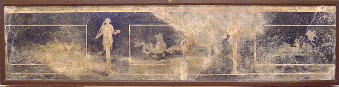 VI.17.25 Pompeii?  Detail of left side herm like satyr holding a cup in the left hand and a stick or staff on the right shoulder. 
From zoccolo painting found on 3rd November 1764.
