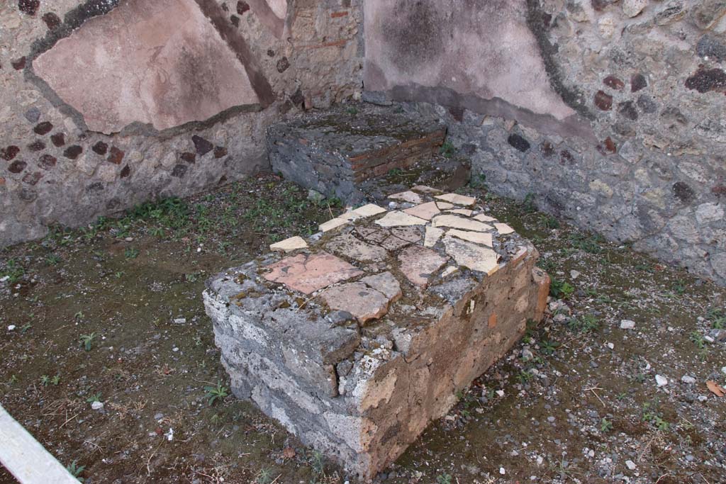 VI.17.19 Pompeii. September 2021. 
Looking across podium in shop to south-west corner with masonry base of steps. Photo courtesy of Klaus Heese.
