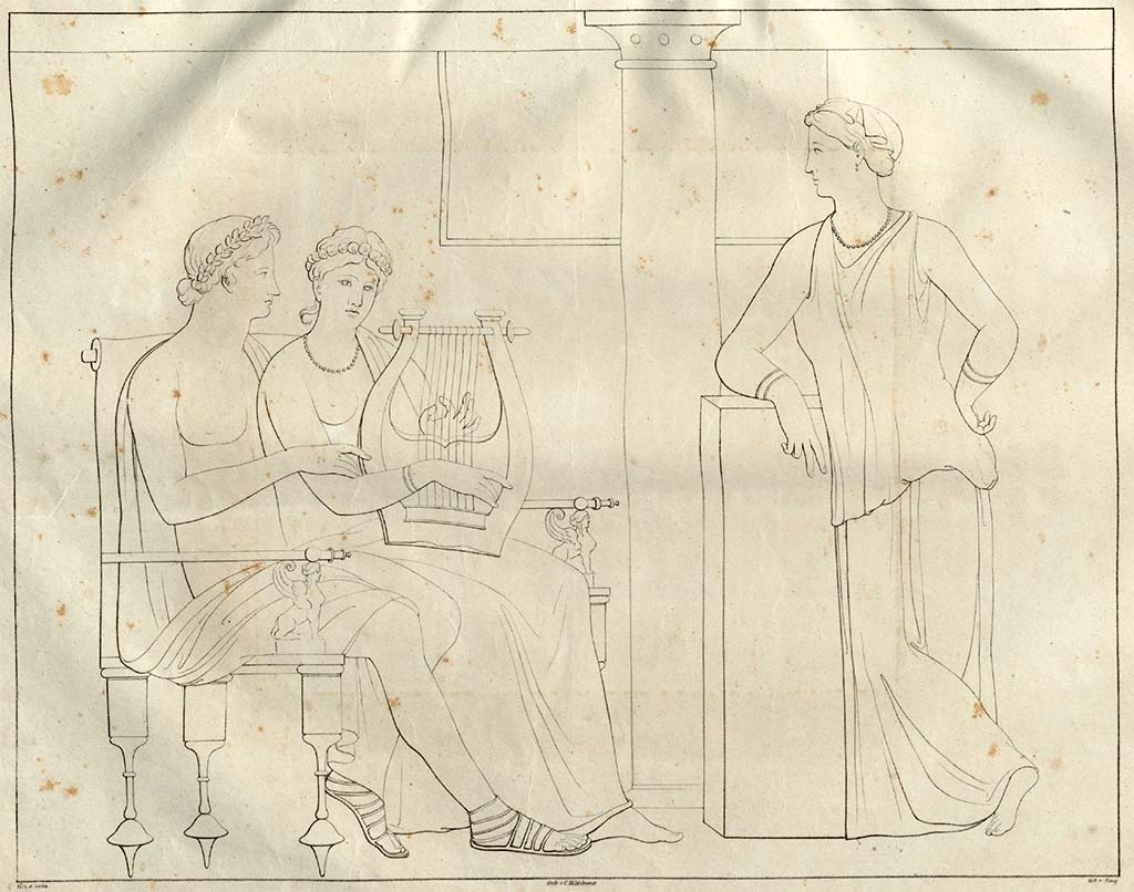 VI.17.19-26 Pompeii. Pre-1828. Drawing by Zahn, and described by him as –
Plate 70. Three people; one playing the lyre;………. 
This painting was first, when I drew it, in the Portici Museum; but it has belonged to the King of France for the past 3 years.
See Zahn, W., 1828. Die schönsten Ornamente und merkwürdigsten Gemälde aus Pompeji, Herkulanum und Stabiae: I. Berlin: Reimer, Taf. 70.
