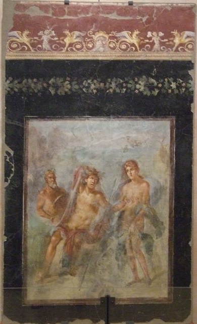 VI.17.42 Pompeii. Triclinium 20 overlooking garden, north wall. Wall painting of Dionysus and Ariadne.  SAP 41658. Photographed at “A Day in Pompeii” exhibition at Melbourne Museum.  September 2009. According to Richardson this is from the same room (31) as Alexander and Roxanne. See Richardson, L., 2000. A Catalog of Identifiable Figure Painters of Ancient Pompeii, Herculaneum. Baltimore: John Hopkins. (p. 126).