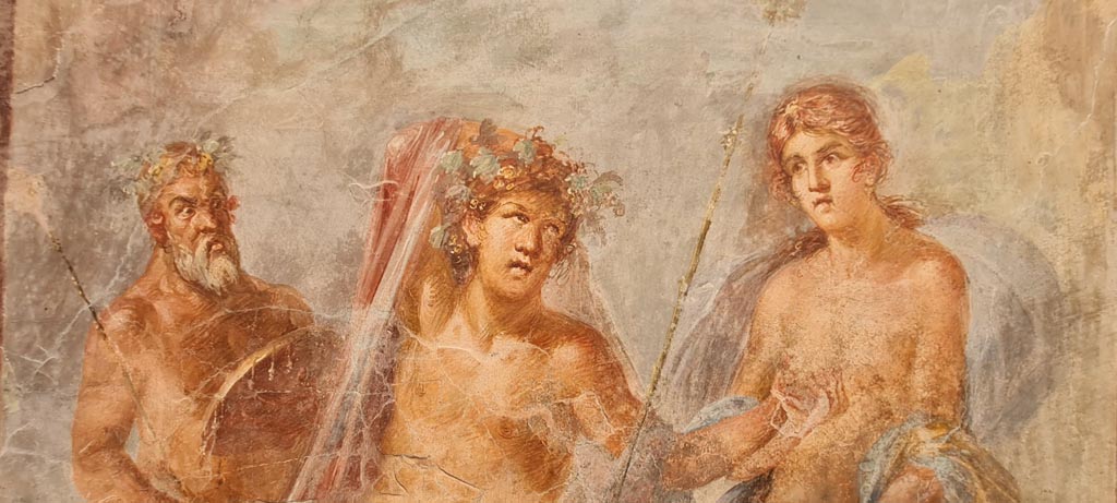 VI.17.42, Pompeii, May 2018. Triclinium 20, detail of Silenus, from central painting on north wall. 
Photo courtesy of Buzz Ferebee.
