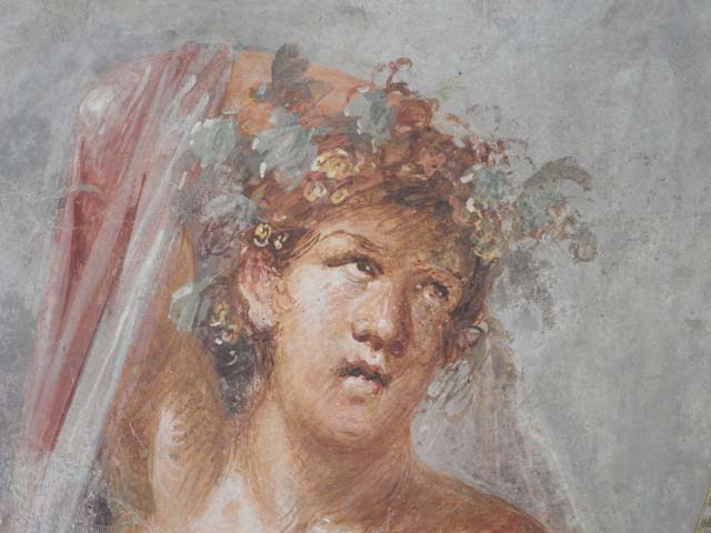 VI.17.42 Pompeii. Triclinium 20 overlooking garden, north wall. Detail of Dionysus from wall painting of Dionysus and Ariadne. SAP 41658. Photographed at “A Day in Pompeii” exhibition at Melbourne Museum. September 2009.