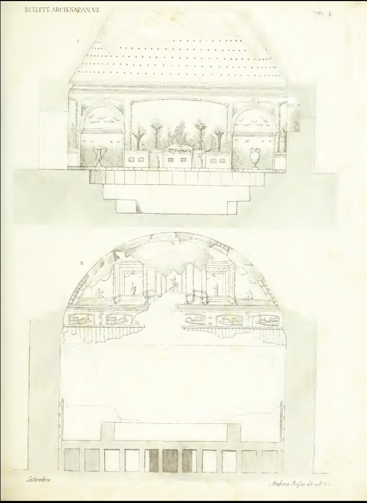 VII.1.8 Pompeii. 1857 Drawing by Andrea Russo, showing (bottom) the east wall of the men’s tepidarium.
The top drawing shows the painted garden scene between recesses on east side of frigidarium.
See Bullettino Archeologico Napolitano 125, 1857, p. 1, Tav. 1.
