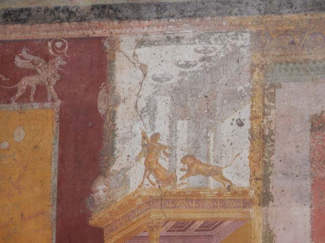 VII.1.47 Pompeii, May 2018. Exedra 10, central wall painting from north wall. Photo courtesy of Buzz Ferebee.