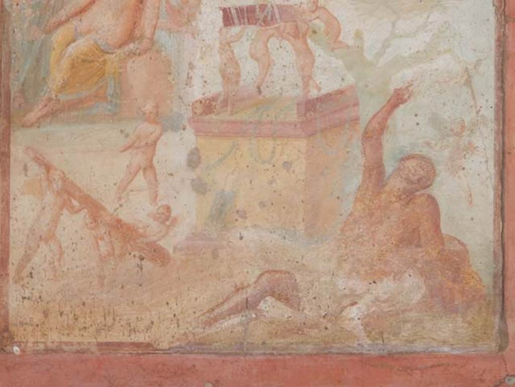 VII.1.47 Pompeii.  Domus Vedi Sirici or House of Siricus.  Exedra in north west corner of atrium.  Detail of wall painting of the Drunken Hercules.  Hercules, inebriated, is lying on the ground at the foot of a cypress tree.  On the altar, three Cupids, bear on their shoulders the hero's quiver.  Four other Cupids are sporting with his club on the ground. On the left a group of three females round a column with a vase on top.  The central figure, Omphale?, seems to look with interest on the drunken hero. On the right, half way up a mountain, sits Bacchus, surrounded by his attendants.  See Pompeii Its History Buildings and Antiquities by Thomas Dyer, pages 463 to 465.  Old undated photograph.  Courtesy of Society of Antiquaries, Fox Collection.  