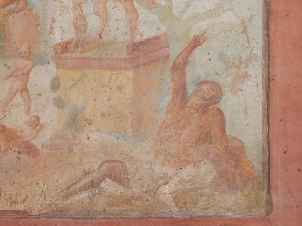 VII.1.47 Pompeii. May 2017. Exedra 10, detail of painted centaur with lion, from east end of north wall. Photo courtesy of Buzz Ferebee. 
