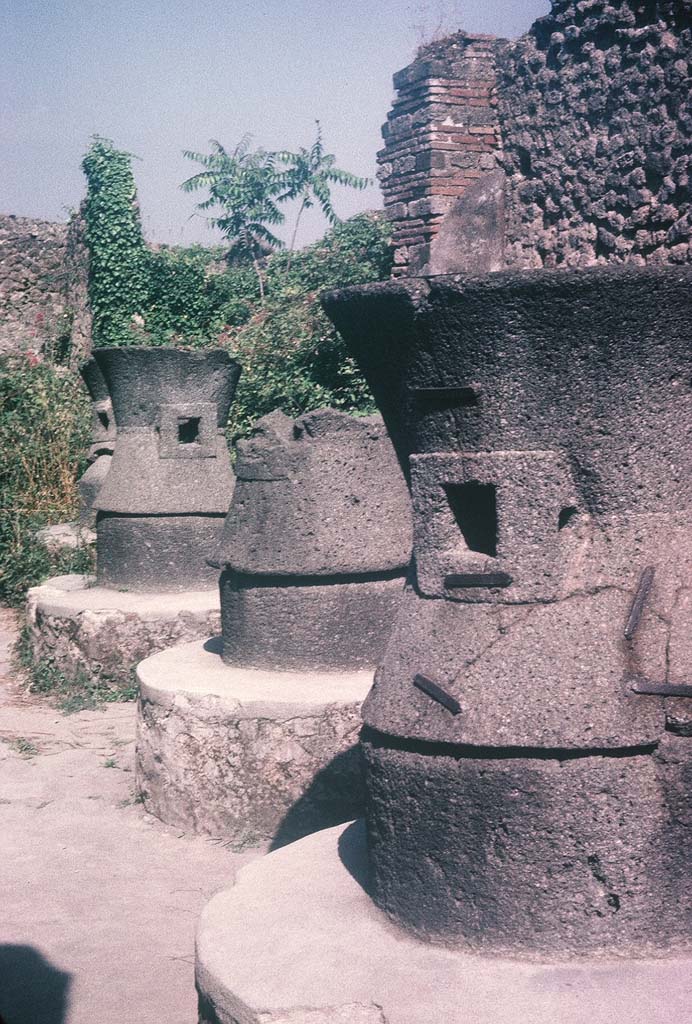 VII.2.22 Pompeii. August 1965. Four mills in bakery. Photo courtesy of Rick Bauer.