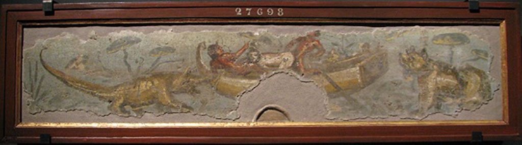 VII.2.25 Pompeii. Found on the pluteus of the peristyle.  Nile scene with pigmies.
Now in Naples Archaeological Museum. Inventory number 27698.
