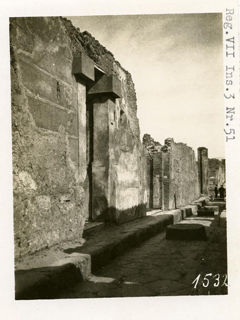 VII.2.51 but shown as VII.3.51 on photo. Pre-1937-39. 
Looking east along Via degli Augustali, towards entrance doorway, on left, followed by VII.2.52 and 53.
Photo courtesy of American Academy in Rome, Photographic Archive. Warsher collection no. 1532.

