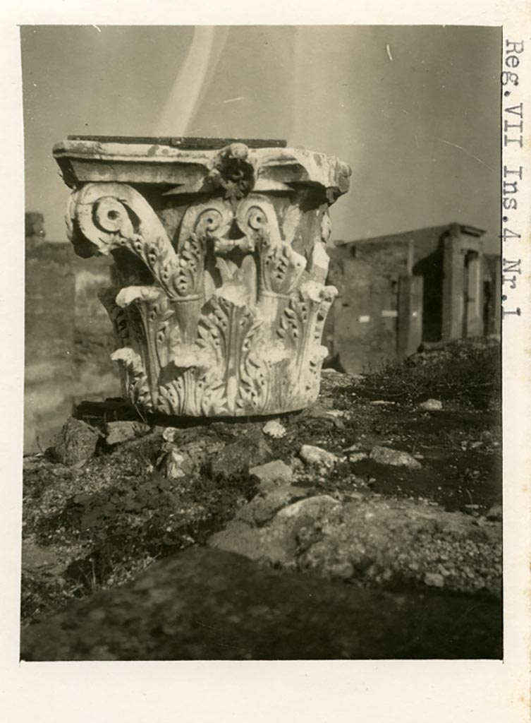 VII.4.1 Pompeii. Pre-1937-39. 
Capital on upper podium, looking north-east towards doorway of House of the Faun.
Photo courtesy of American Academy in Rome, Photographic Archive. Warsher collection no. 1193.
