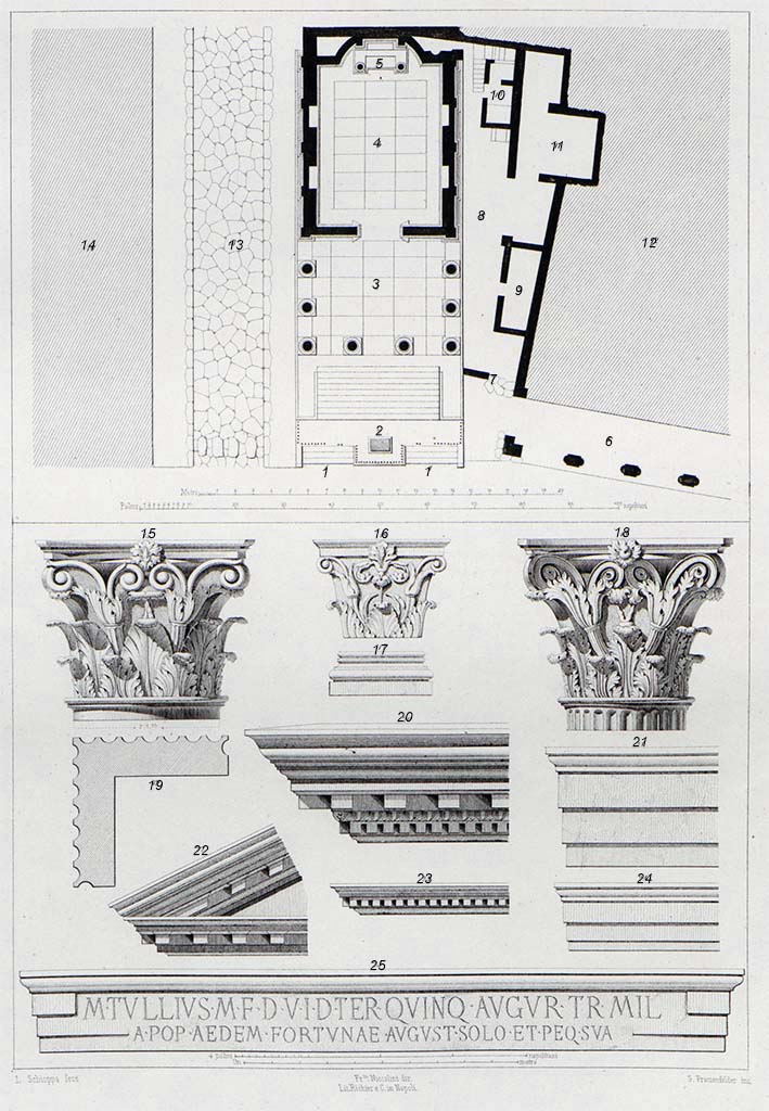 VII.4.1 Pompeii. 1854. Niccolini plan by L. Schioppa of Temple and architectural details.
According to Niccolini the numbers show:
1:   Two sets of four steps giving access to a marble covered podium with iron railings and two gates
2:   Statue base or altar consecrated to offerings with wide staircase behind
3:   Pronaos or portico surrounded by eight columns and four beautiful pillars,
4:   Temple cella with four niches
5:   Aedicula where the statue of Fortuna once stood, with marble inscription (25) on the front
6:   Via del Foro portico
7:   Pillar of lava with inscription 
      M. TVLLII. M. F
      AREA. PRIVATE
8:   Access to 9, 10 and 11, rooms used by ministers of temple?
9:   Room used by ministers of temple?
10: Room with flanking staircase, used by ministers of temple?
11: Room used by ministers of temple?
12: Casa di Bacco
13: Via della Fortuna and paving
14: Surrounding buildings on the other side of Via della Fortuna [VI.10]
15: One of the two capitals in the cella that supported the pediment of the aedicule of Fortuna
16: One of 3 identical capitals found that surmounted the pillars around the 4 niches
17: Base of capital 16
18: Capital that surmounted the fluted column of the pronaos
19: Cross section of external corner of the façade of the cella, pillars made of a single piece of marble 
20: External frame of the temple
21: External architrave or lintel
22: Pediment of the aedicule above lintel 25
23: Cornice fragment, location unknown
24: Internal architrave or lintel
25: Marble lintel with dedication inscription

See Niccolini F, 1854. Le case ed i monumenti di Pompei: Volume Primo. Napoli, Tempio della Fortuna, Tav. I, pp. 1-8.
