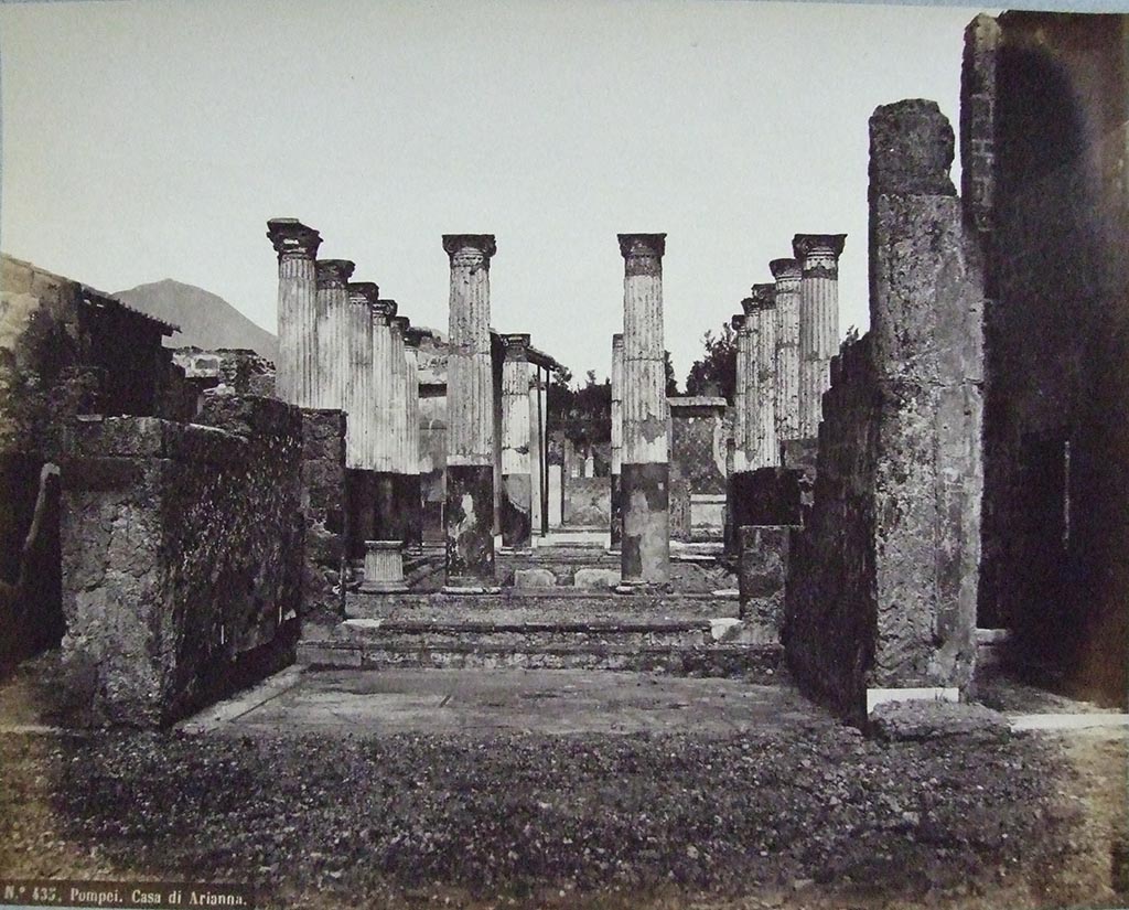 VII.4.31/51 Pompeii. Casa di Arianna. Tablinum and peristyle from atrium. 
Old 19th century photograph, number 435, by Roberto Rive. Courtesy of Society of Antiquaries. Fox Collection.
The arca base block is shown in this photograph, on the right-hand side, at the base of the wall. 

