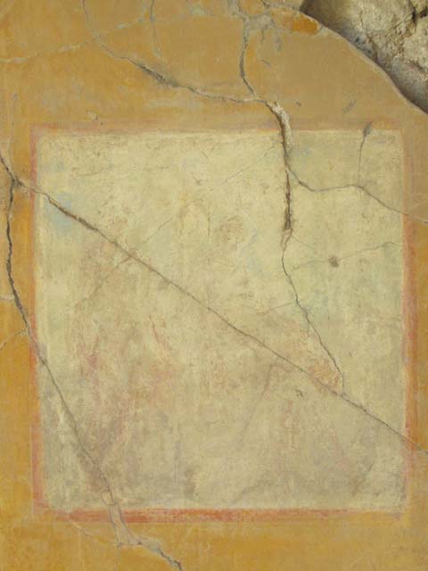 VII.4.31 Pompeii.  March 2009.  Room 12. Oecus.  Remains of very faded wall painting. A seated Ciparissus is on the right with a stag by his side, and Apollo standing on the left.