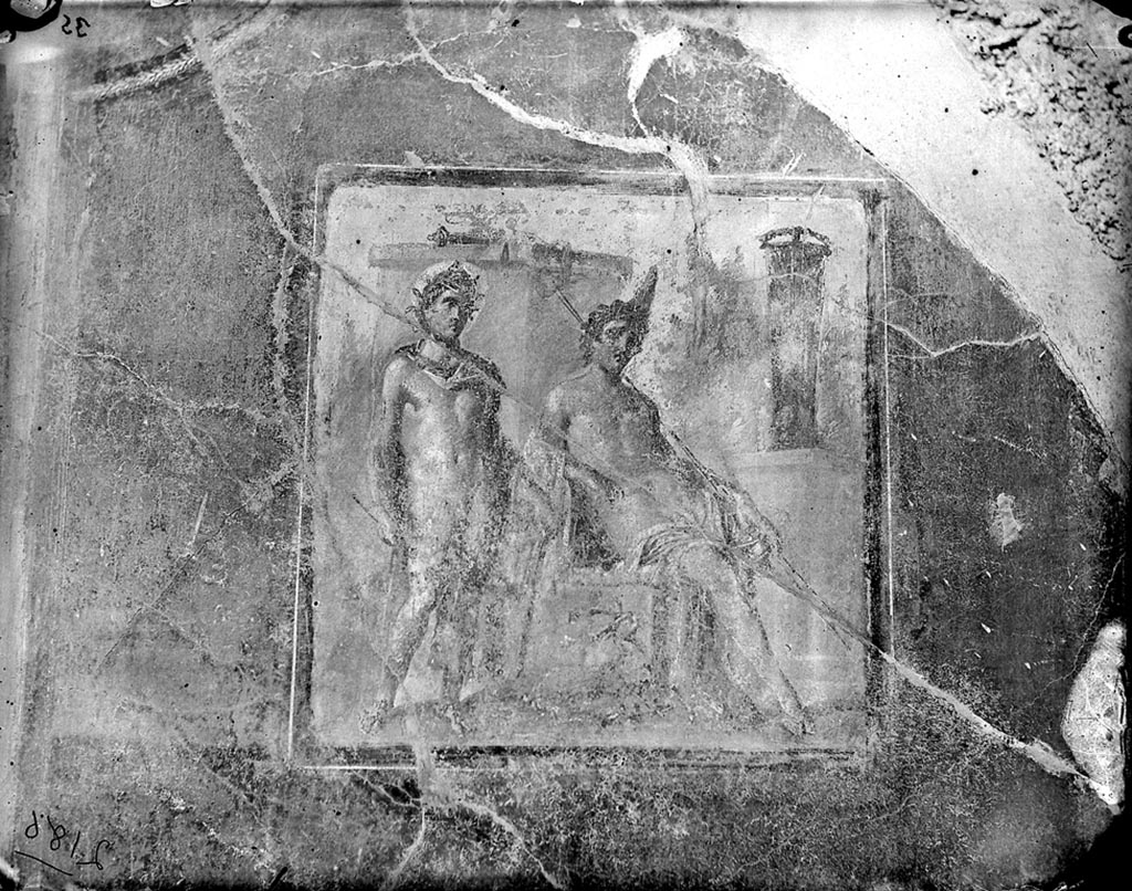 VII.4.31/51 Pompeii. 1871. Room 12, oecus.  Photo of wall painting on east wall. 
A seated Cyparissus is on the right with a stag by his side, and Apollo standing on the left.
Photo from J. H. Parker Collection, ref. Parker.2186 (inv.194). Italia.
Courtesy of American Academy in Rome, Photographic Archive. 
