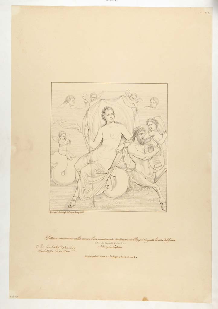 VII.4.31/51 Pompeii. Drawing by Giuseppe Marsigli, 1833, of a painting recently found in this house showing Venus on a sea creature between cupids and water divinities. 
See Helbig, W., 1868. Wandgemälde der vom Vesuv verschütteten Städte Campaniens. Leipzig: Breitkopf und Härtel, (308).
Now in Naples Archaeological Museum. Inventory number ADS 575.
Photo © ICCD. http://www.catalogo.beniculturali.it
Utilizzabili alle condizioni della licenza Attribuzione - Non commerciale - Condividi allo stesso modo 2.5 Italia (CC BY-NC-SA 2.5 IT)
