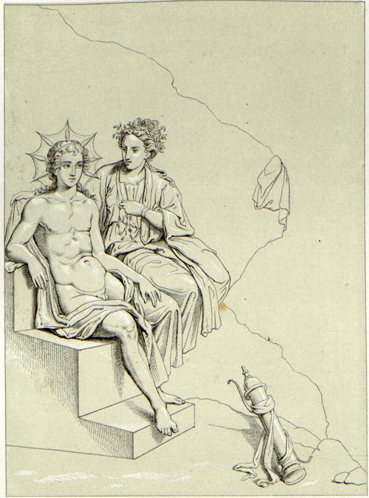 VII.4.31/51 Pompeii. Drawing by Abbate of Helios and Rhodos, but according to Niccolini it could be “of Apollo”.
See Niccolini F, 1854. Le case ed i monumenti di Pompei: Volume Primo. Napoli, (Casa dei Capitelli Colorati, Tav III).
