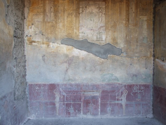 VII.4.48 Pompeii. December 2007. Room 14. West wall. Central wall painting of Danae, removed to Naples Museum.