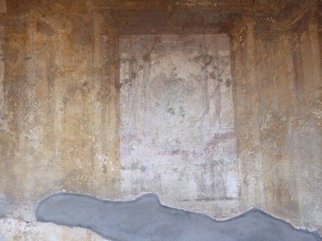 VII.4.48 Pompeii. December 2007. Room 14. Cubiculum. West wall.
Wall painting of a winged cherub.