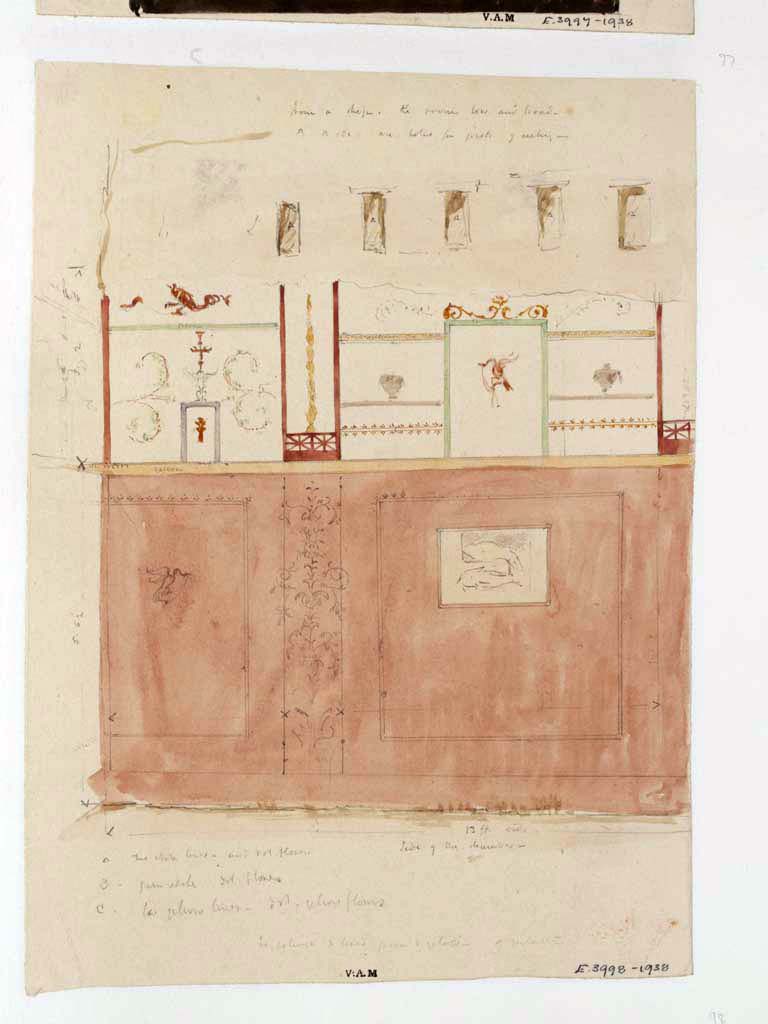 VII.4.49 Pompeii. c.1840s. Painting/sketch by James William Wild showing a wall in a shop, described by him as 
the room is low and broad, a to a are holes for joists for the ceiling. 13ft wide, side of chamber.
Photo  Victoria and Albert Museum, inventory number E.3998-1938.
Note: the drawing in the centre of the high red zoccolo would appear to be of two fish, the upper one being a cuttlefish. 
This would correspond with Fiorelli's description of a painting of a cuttlefish and a red mullet.
