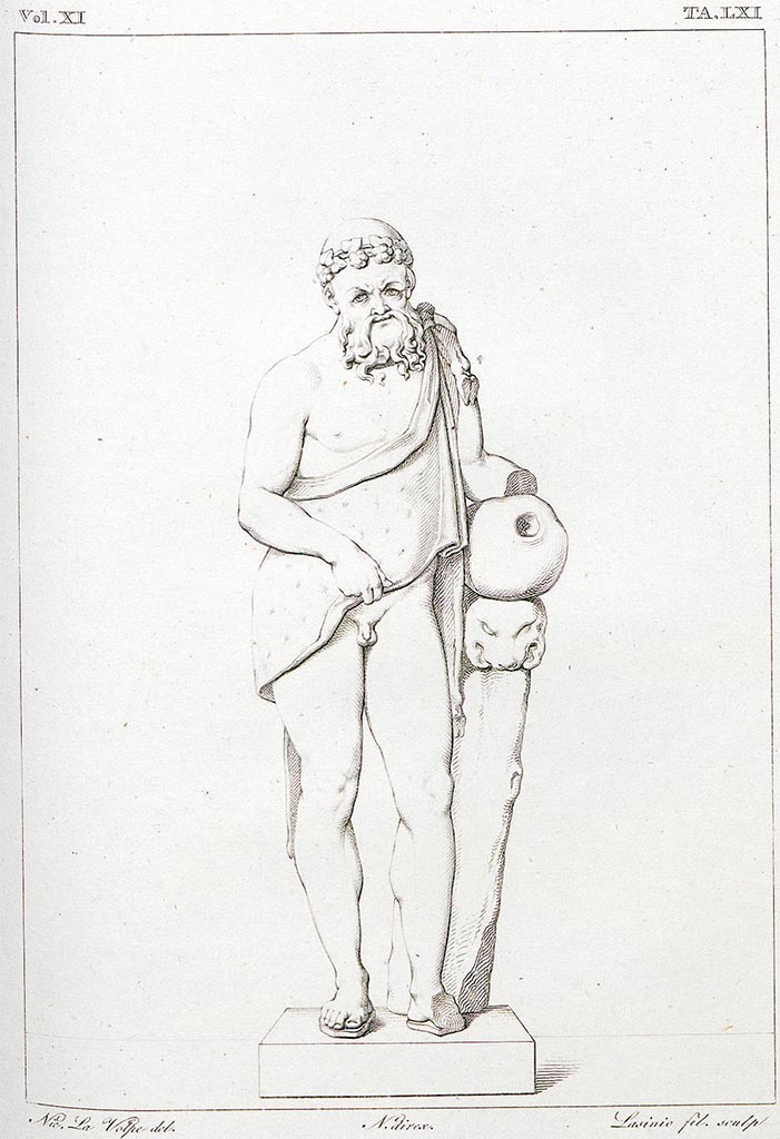 VII.4.56 Pompeii. Drawing by La Volpe of small marble statue of Silenus.
See Real Museo Borbonico, vol. XI, 1835. Tav. LXI.
According to RMB –
This statue was around “due palmi e mezzo” (0.66m or 2ft, 2inches) high and was made from colourful glass paste combined with shells.
When found, his left hand was missing and his left foot was broken and missing.
According to Pagano and Prisciandaro –
1st June 1833, found in its niche – 
- a small marble statue of Silenus (NAP 6341), and
- two small goats of soft material coloured green (due piccoli caproni di materia tenera colorati di verde) (NAP 123982)
See Pagano, M. and Prisciandaro, R., 2006. Studio sulle provenienze degli oggetti rinvenuti negli scavi borbonici del regno di Napoli. Naples: Nicola Longobardi, (p. 148, and (PAH II, p.273). 
