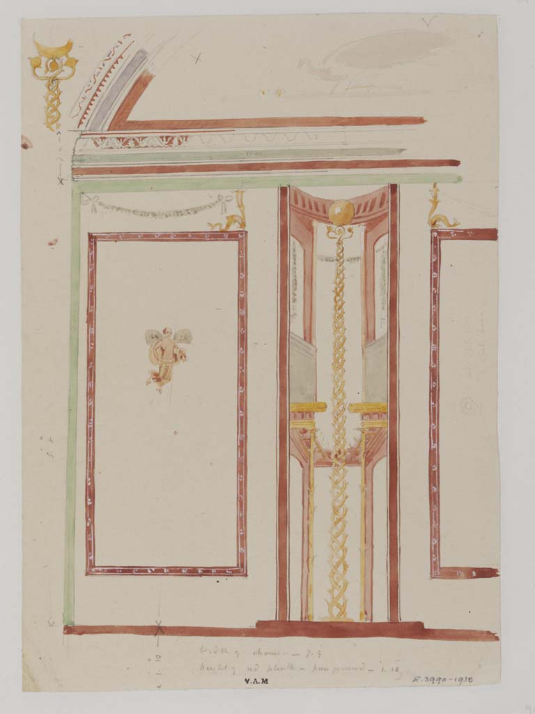 VII.4.62 Pompeii. c.1840. Painting by James William Wild of south end of west wall of vaulted cubiculum. 
Photo © Victoria and Albert Museum, inventory number E.3990-1938.
