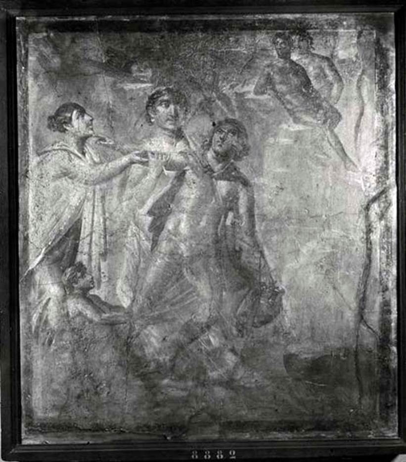 VII.4.62 Pompeii. Triclinium 7, north wall, fresco of the rape of Hylas.
Now in Naples Archaeological Museum.  Inventory number 8882.
See Staub Gierow M., 2000. Casa delle forme di creta (VII.4.61-63): Hauser in Pompeji Band 10, DAI. München: Hirmer, p. 100, figs. 352-3.
