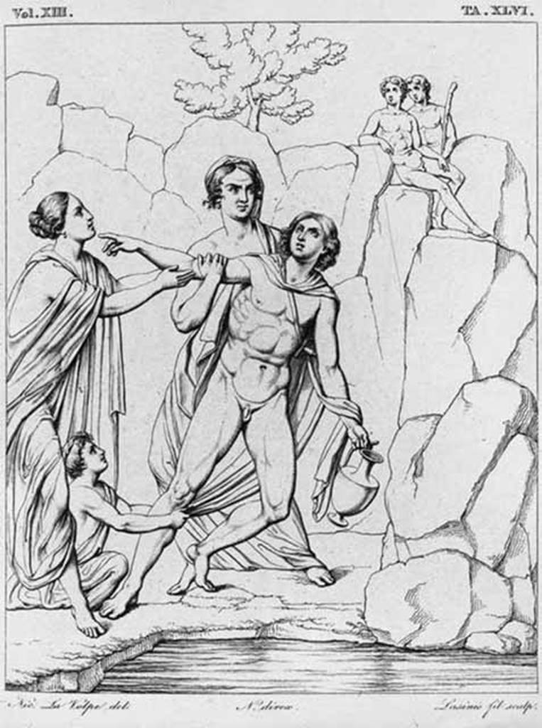 VII.4.62 Pompeii. Triclinium 7, north wall, 1843 drawing of fresco of the rape of Hylas. See Real Museo Borbonico, 13, 1843, Tav. XLVI.