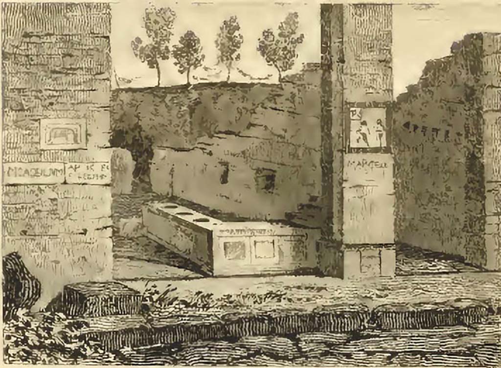 VII.5.14 Pompeii, on left. Pre-1819. Looking north towards entrance doorway on Vicolo dei Soprastanti.
In the east wall, the square niche mentioned by Boyce, above, can be seen.
See Gell, W, and Gandy J. P., 1819. Pompeiana. London: Rodwell and Martin, p. 196.
An inscription to Marcellum CIL IV 539 appears to have been found under the painting of the gladiators on the right-hand pilaster shared with VII.5.15. 

According to Epigraphik-Datenbank Clauss/Slaby (See www.manfredclauss.de), it read 

Marcellum aed(ilem) EAMH() roga(t?)   [CIL IV 539]
