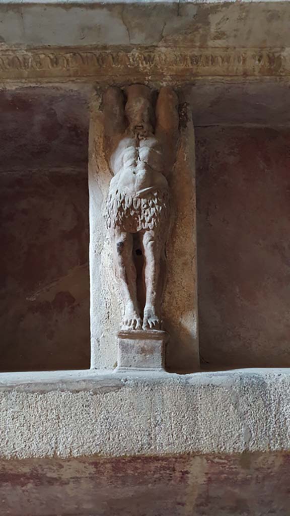 VII.5.24 Pompeii. August 2021. 
Tepidarium (37), west wall, telamon separating the niches. 
Foto Annette Haug, ERC Grant 681269 DÉCOR.
