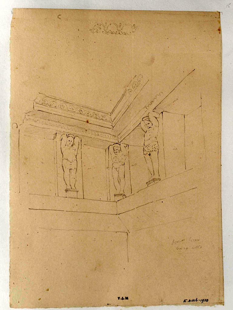 VII.5.24 Pompeii. c.1840.
Drawing by James William Wild showing telamons separating the niches, with detail of the stucco cornice above.
Photo © Victoria and Albert Museum, inventory number E.4016-1938.
