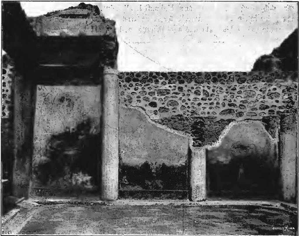 VII.6.28 Pompeii, from Notizie degli Scavi, 1910, p.470, fig.10. The garden painting was divided into three parts (fig.10), each one corresponding to an intercolumniation. The best preserved was the first painting on the left (fig.11), while of the other two nothing existed other than a small part or nothing.
(La pittura dividevasi in tre parti (fig.10), ciascuna cioe corrispondente a un intercolumnio. Di queste parti puo dirsi ben conservata la prima a sinistra (fig.11), mentre delle altre due non esisteche poco o niente (fig.10).
