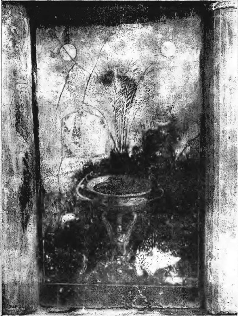 VII.6.28 Pompeii, from Notizie degli Scavi, 1910, p.471, fig.11. The garden painting was divided into three parts (fig.10), each one corresponding to an intercolumniation. The best preserved was the first painting on the left (fig.11), while of the other two nothing existed other than a small part or nothing.
(La pittura dividevasi in tre parti (fig.10), ciascuna cioe corrispondente a un intercolumnio. Di queste parti puo dirsi ben conservata la prima a sinistra (fig.11), mentre delle altre due non esisteche poco o niente (fig.10).
