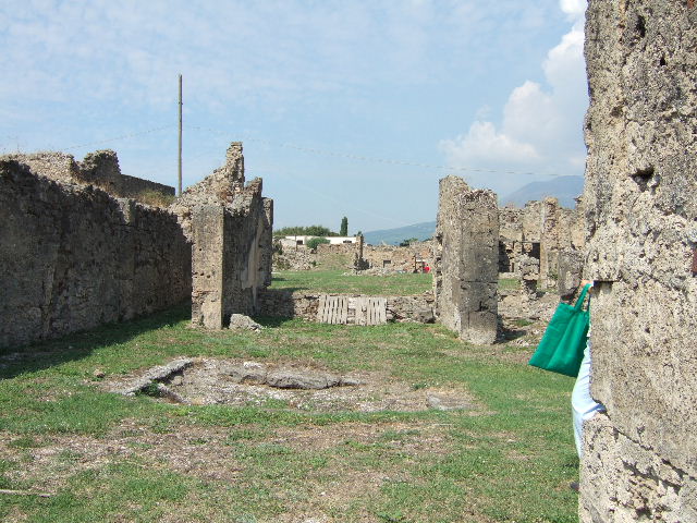 VII.6.28 Pompeii. September 2005. 
Looking north across remains of atrium, andron and tablinum to the area of the south side of the peristyle.
The bombing on 13th September 1943 destroyed two cubicula, one in the south-west and the other in the south-east of the atrium. 
It also destroyed the west and east portico of the peristyle, a cubiculum on the east of the peristyle, and the perimeter wall to the north. 
All the painted decoration was lost, the Second style in the tablinum, the Third Style in the cubiculum on the east side of the peristyle, and the beautiful garden painting on the north and east sides of the peristyle.
See Garcia y Garcia, L., 2006. Danni di guerra a Pompei. Rome: L’Erma di Bretschneider. (p.106-7)




