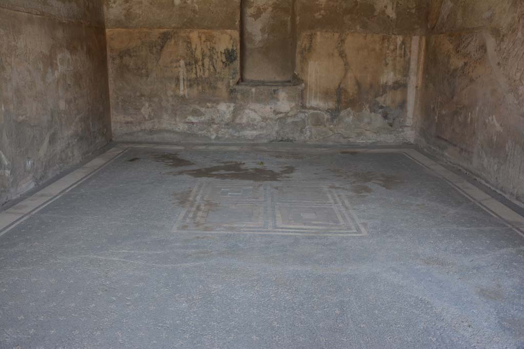 VII.7.5 Pompeii. September 2019. Triclinium (q), looking north across flooring towards central emblema.
Foto Annette Haug, ERC Grant 681269 DÉCOR.

